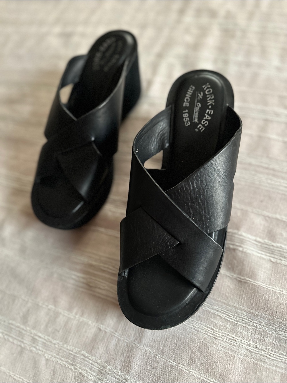 KORK-EASE Baja Sport Black Leather Crisscross Platform Wedge Sandals | 10